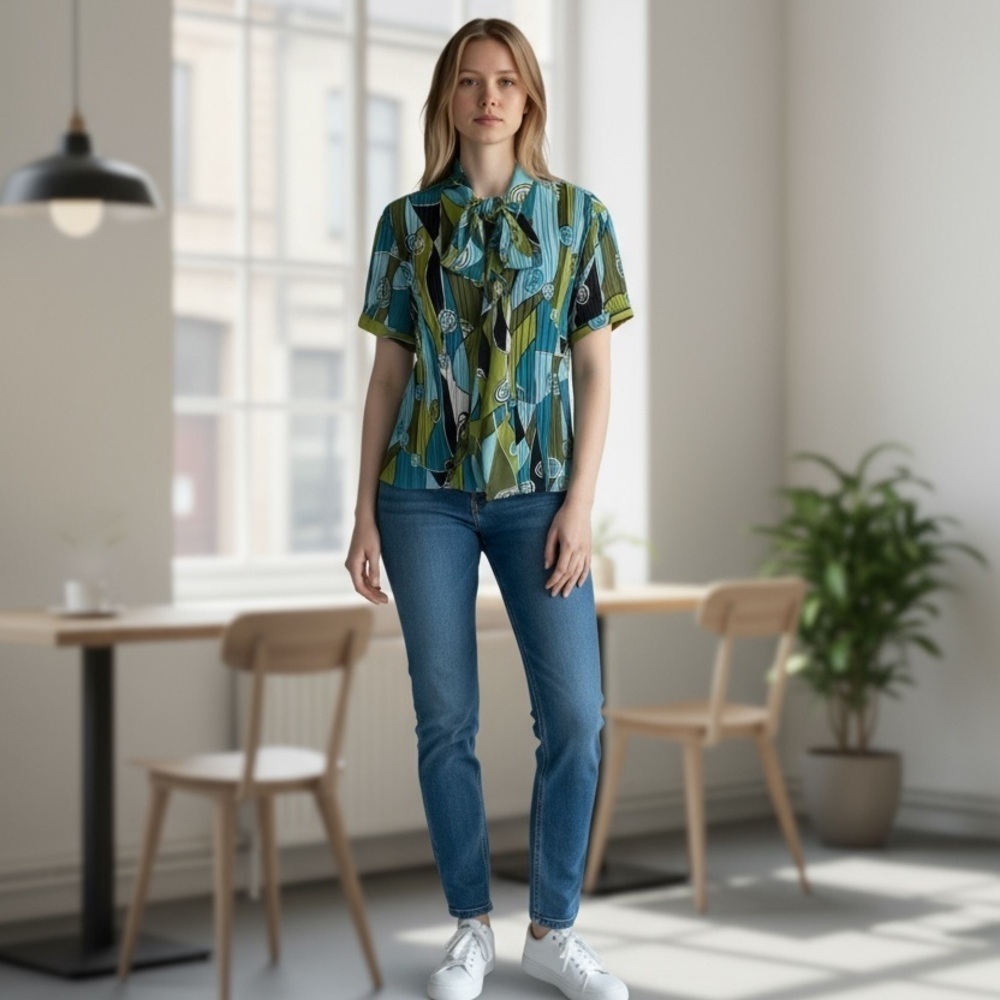 Allison Taylor XL Abstract Pleated Blouse Blue Green Retro Top